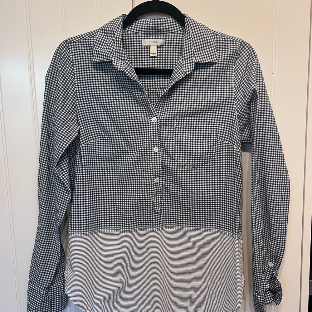 J. Crew 4 White and Blue Gigham/ Stripe Half button down Shirt